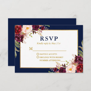 Cartão RSVP Casamento de Borgonha Floral Elegante Azul Dourado