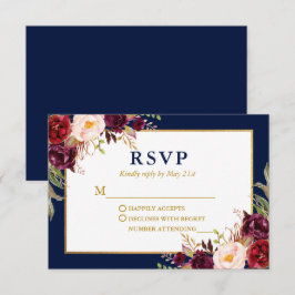 Cartão RSVP Casamento de Borgonha Floral Elegante Dourado Azul