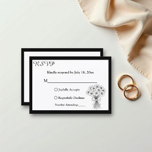 Cartão RSVP Casamento de Buquê Brida Branca e Preta Simples Mo