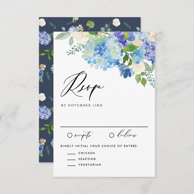 Cartão RSVP Casamento de Buquê Floral com Hydrangea Blue Water (Frente/Verso)