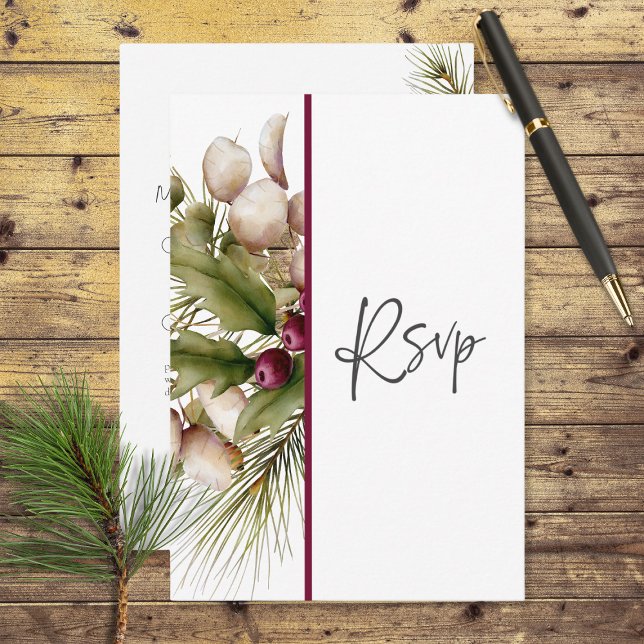 Cartão RSVP Casamento de Buquê Rustic Pine Winter (Criador carregado)