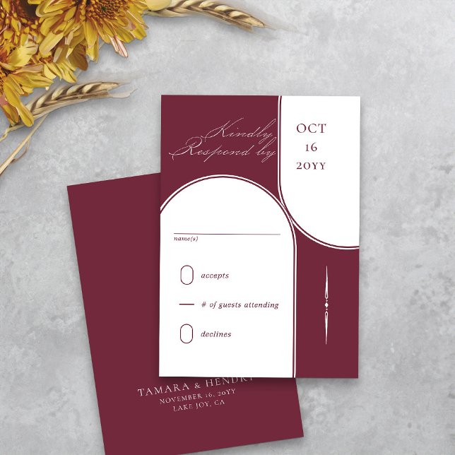 Cartão RSVP Casamento de Burgundy, Elegante de Arca Moderna (Modern arches burgundy wedding rsvp card from my Wedding Colors collection)