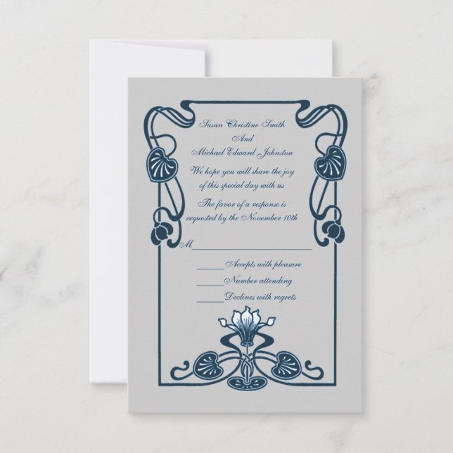 Cartão RSVP Casamento de Cabeças Florais de Prata Azul (Frente)