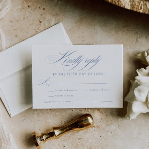 Cartão RSVP Casamento de Caligrafia Azul Elegante