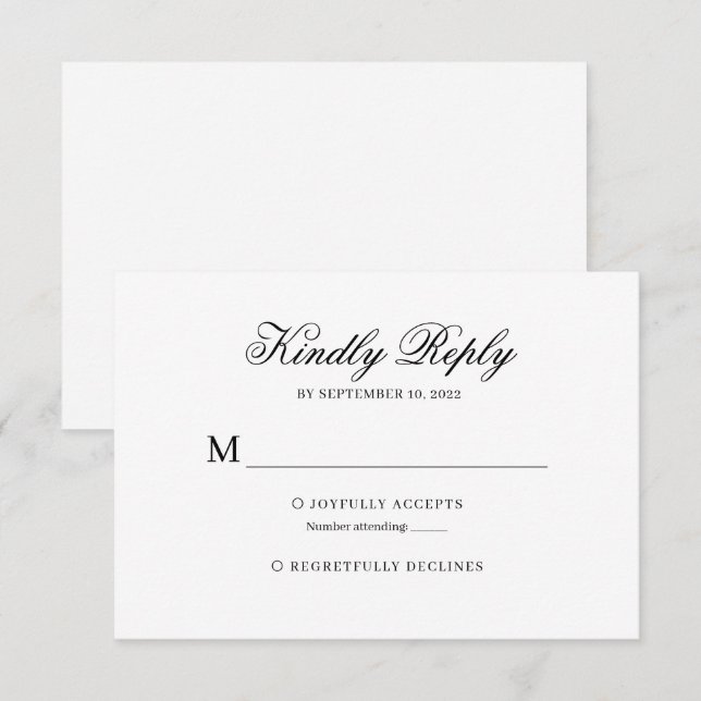 Cartão RSVP Casamento De Caligrafia Clássica Negra E Branca Rs (Frente/Verso)