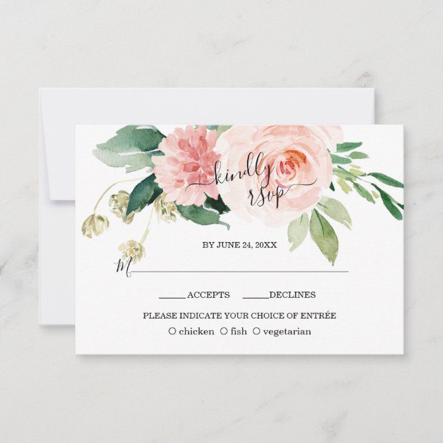 Cartão RSVP Casamento de Caligrafia de Água Profunda com Flore (Frente)