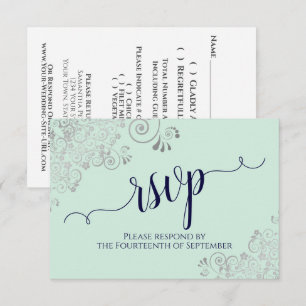 Cartão RSVP Casamento de Caligrafia Elegante Azul Mint Green &