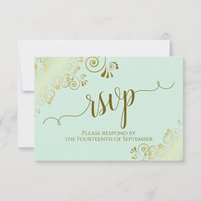 Cartão RSVP Casamento de Caligrafia Elegante de Lace Verde e D (Frente)