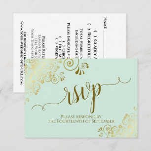 Cartão RSVP Casamento de Caligrafia Elegante de Lace Verde e D
