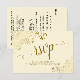 Cartão RSVP Casamento de Caligrafia Elegante Dourada Lace Crea