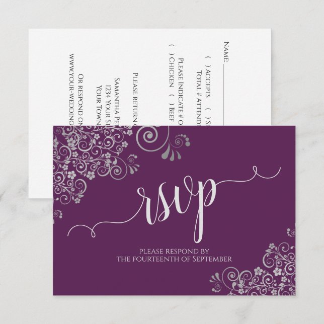 Cartão RSVP Casamento de Caligrafia Elegante Púrpura e Prata (Frente/Verso)