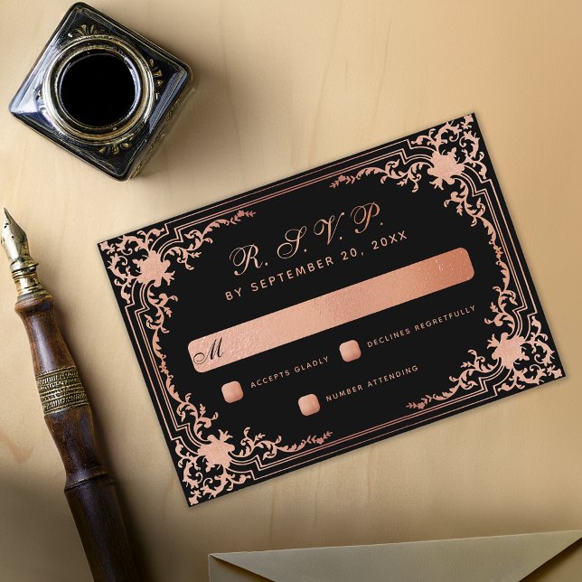 Cartão RSVP Casamento de Caligrafia Elegante, Rosa-Rosa-Preto (Criador carregado)