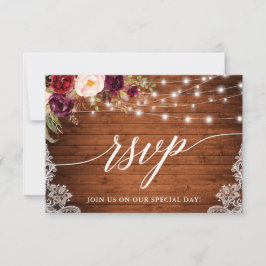 Cartão RSVP Casamento de Caligrafia em Renda Luzes Burgundy Rú