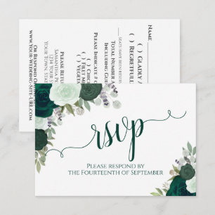 Cartão RSVP Casamento de Caligrafia Floral Elegante Emerald Gr