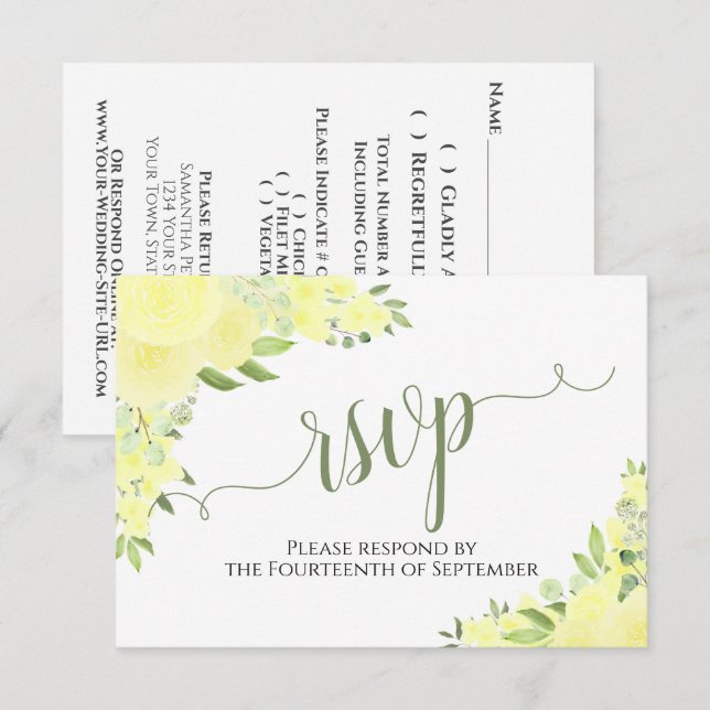 Cartão RSVP Casamento de Caligrafia Floral Elegante Yellow Boh (Frente/Verso)