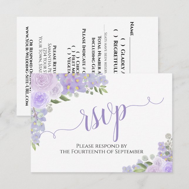 Cartão RSVP Casamento de Caligrafia Floral Roxo-Lavanda Elegan (Frente/Verso)