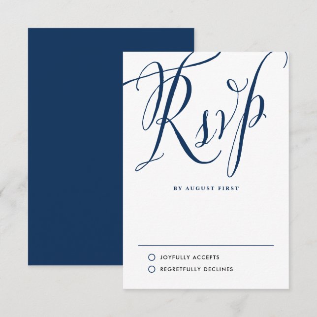 Cartão RSVP Casamento de Caligrafia Russa marinho Azul (Frente/Verso)