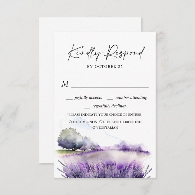 Cartão RSVP Casamento de Campo das Flores de Lavanda de Aquare (Frente/Verso)