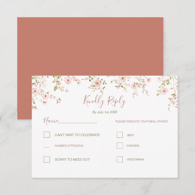 Cartão RSVP Casamento de campo de Rosa selvagem (Frente/Verso)