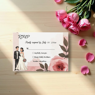 Cartão RSVP Casamento de Casal Rosa-Rosa com Pincel Floral de