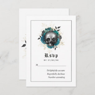 Cartão RSVP Casamento de Caveira Gótica Teal Floral