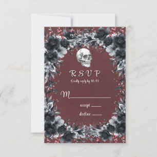 Cartão RSVP Casamento de Caveira Negra Negra Vermelha