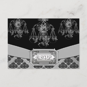 Cartão RSVP Casamento de Chandelier de Ornamentado Prata e Neg