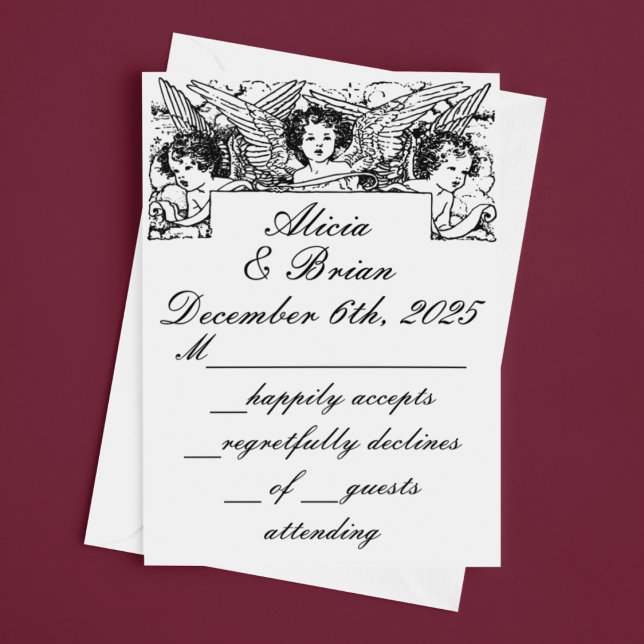 Cartão RSVP Casamento de Cherubs vitorianos, preto e branco (Criador carregado)