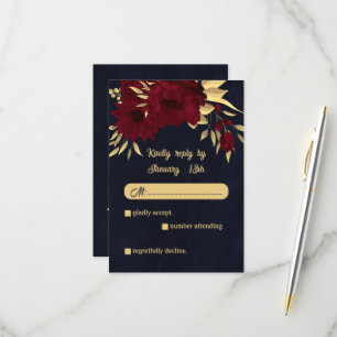 Cartão RSVP Casamento de Chic Burgundy e marinho de ouro