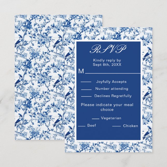 Cartão RSVP Casamento de Chinoiserie Blue Birds and Flowers (Frente/Verso)