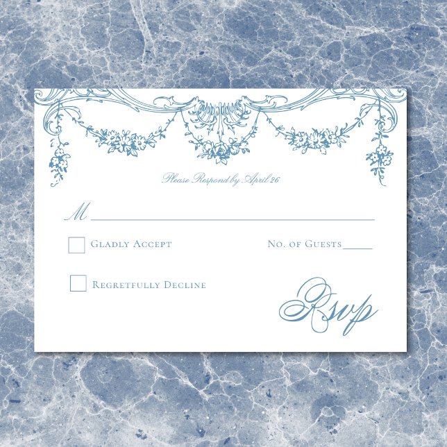 Cartão RSVP Casamento de Chinoiserie Chinoiserie Azul Elegante (Elegant French Blue Victorian Chinoiserie Wedding RSVP Card)