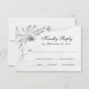 Cartão RSVP Casamento de Cinza Branca Floral de Aquarela Branc