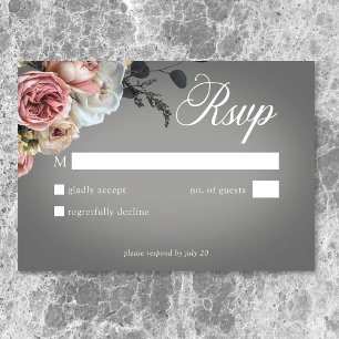 Cartão RSVP Casamento de Cinza Floral Branco-Rosa Elegante
