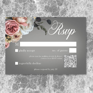 Cartão RSVP Casamento de Cinza Floral Cor-de-Rosa Branco Elega