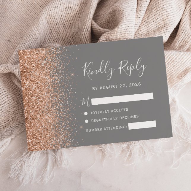 Cartão RSVP Casamento de Cinzas de Peach Glitter (Criador carregado)