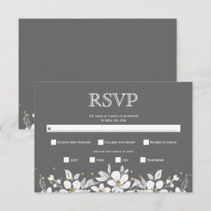 Cartão RSVP Casamento de cinzas florais e de joias brancas