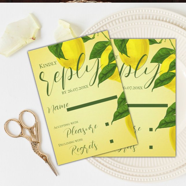 Cartão RSVP Casamento de Citros Amarelos Brilhantes com Script (Elegant Script Bright Yellow Citrus Wedding RSVP Card)
