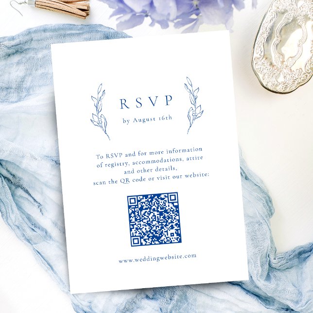 Cartão RSVP Casamento de código de QR botânico de elegância az (Blue simple elegance botanical QR code wedding RSVP Card)