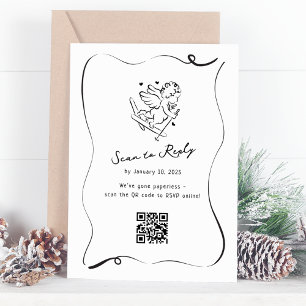 Cartão RSVP Casamento de Código QR Cupido de Esqui Whimsical