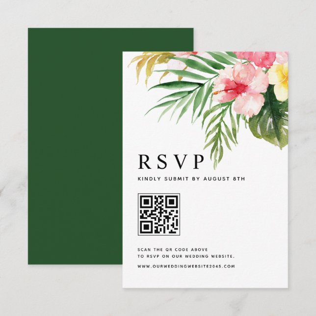 Cartão RSVP Casamento de Código QR das Flores Tropicais de Aqu (Frente/Verso)