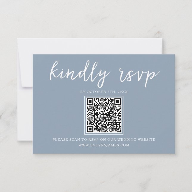 Cartão RSVP Casamento de Código QR de Caligrafia Azul Elegante (Frente)