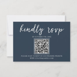 Cartão RSVP Casamento de Código QR de Caligrafia Azul Elegante