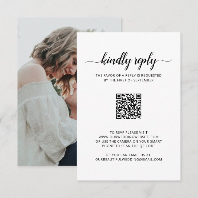 Cartão RSVP Casamento de Código QR de Foto de Script Elegante  (Frente/Verso)