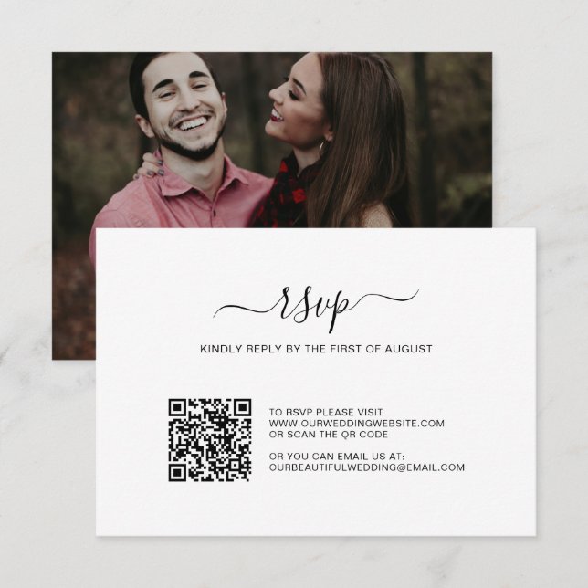Cartão RSVP Casamento de Código QR de Foto Simples Preto e Bra (Frente/Verso)