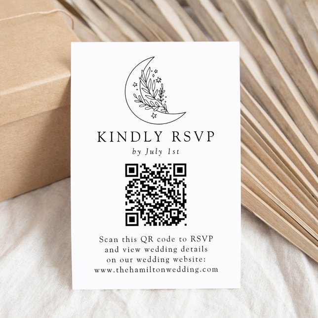 Cartão RSVP Casamento de Código QR de Lua Botânica Elegante e  (Criador carregado)