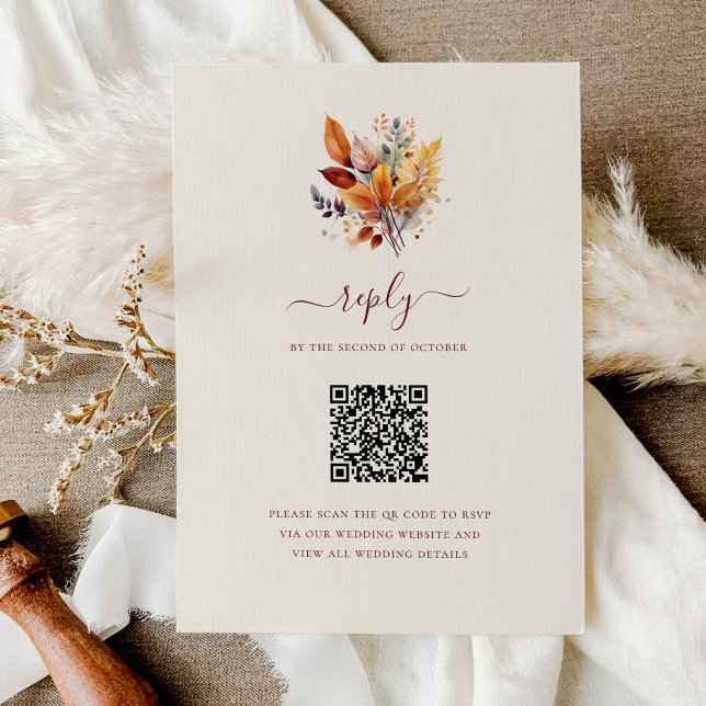 Cartão RSVP Casamento de Código QR de outono de Elegante (Criador carregado)