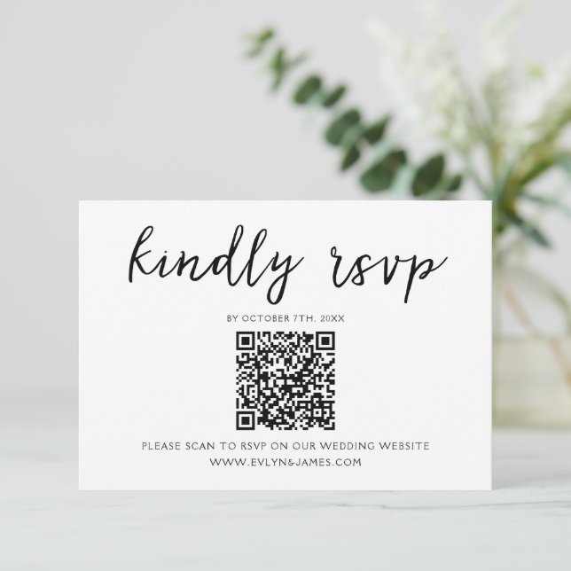Cartão RSVP Casamento de Código QR de Script Branco e Preto El (Em pé/Frente)