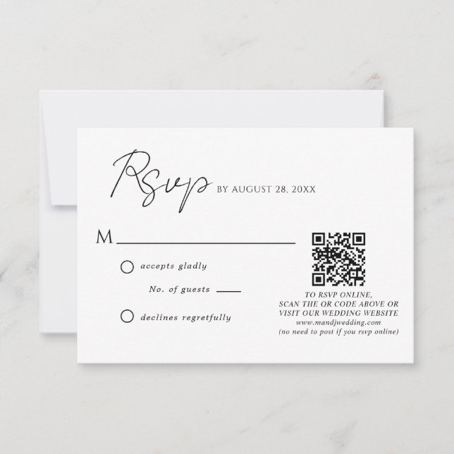 Cartão RSVP Casamento de Código QR de Script Branco Simples Pr (Frente)