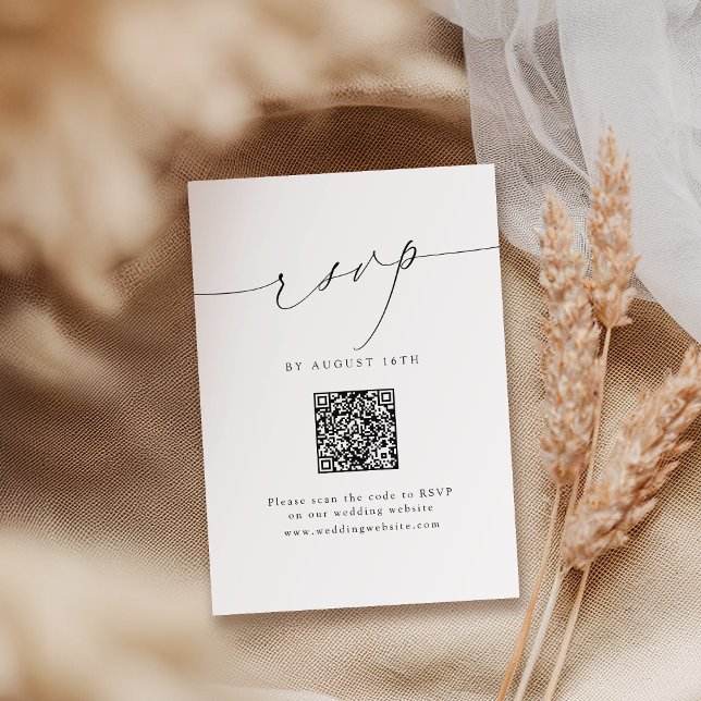 Cartão RSVP Casamento de Código QR de Script Chic Moderno Mini (Minimalist Modern Chic Script QR Code Wedding RSVP Card)