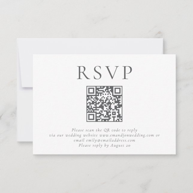 Cartão RSVP Casamento de Código QR de Texto de Cinza Minimalis (Frente)